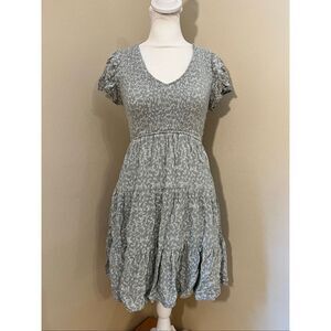 Altar'd State Sage Gray Green Ivory Floral Ruffle Sleeve Mini Dress S